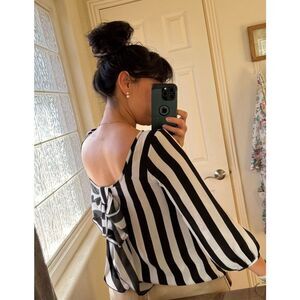 Lovely Day women’s S-M black white striped blouse low scoop back exaggerated bow